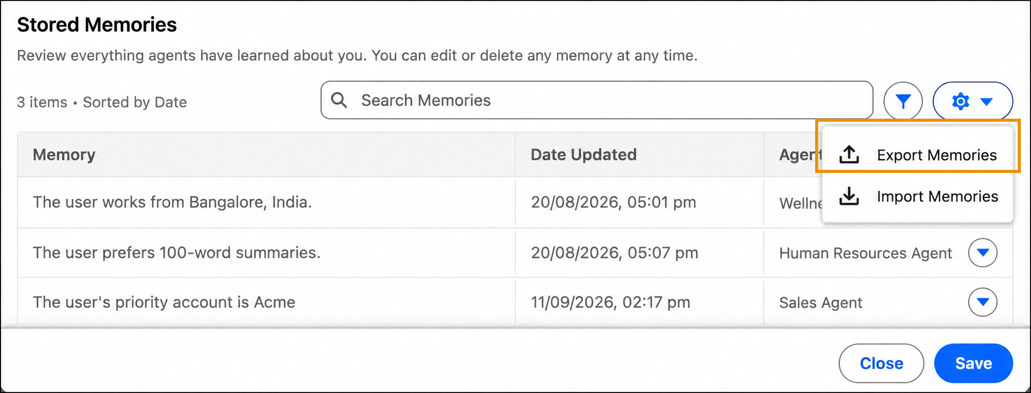Stored Memories settings dropdown menu with Export Memories highlighted.