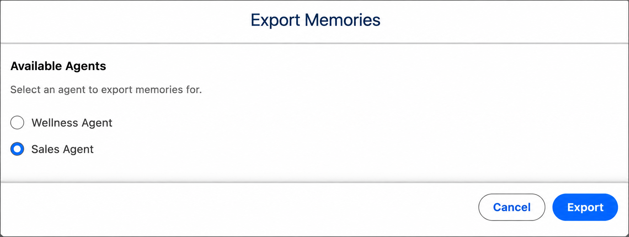 Export Memories dialog showing the list of available agents.