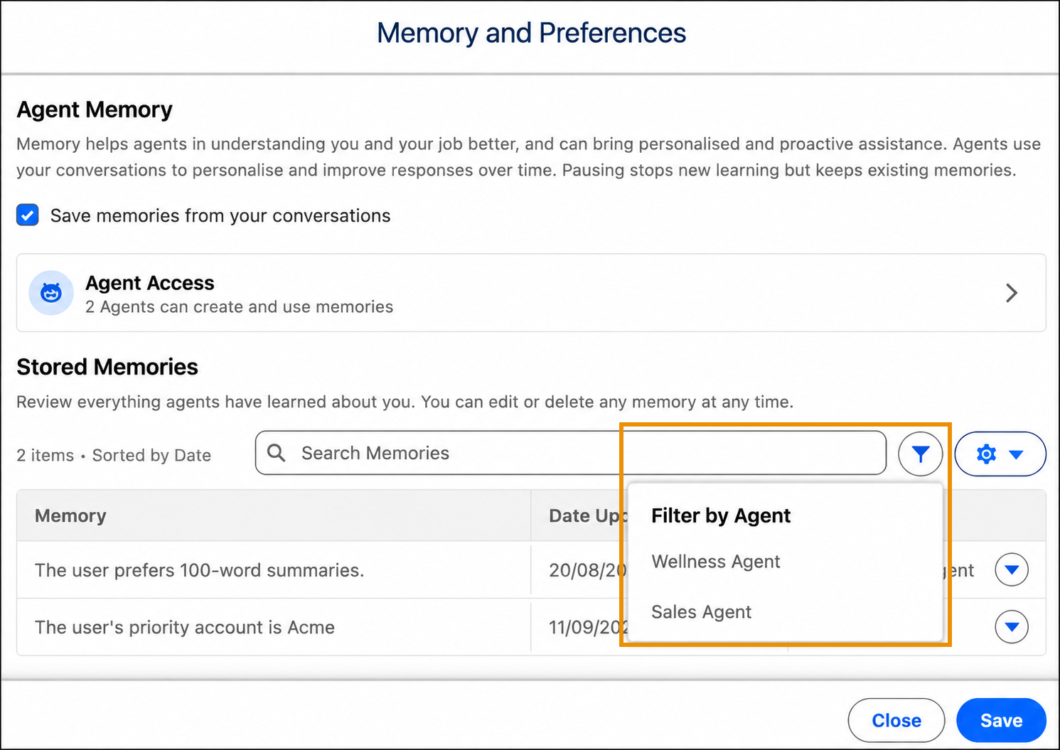 Filter by Agent dropdown list open above the Stored Memories list.