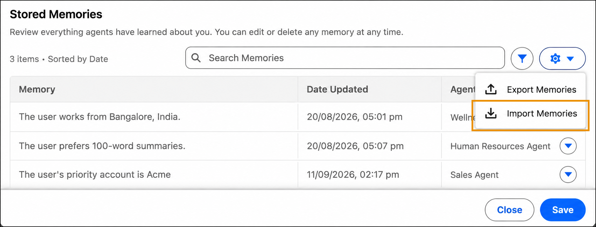 Stored Memories settings dropdown menu with Import Memories highlighted.