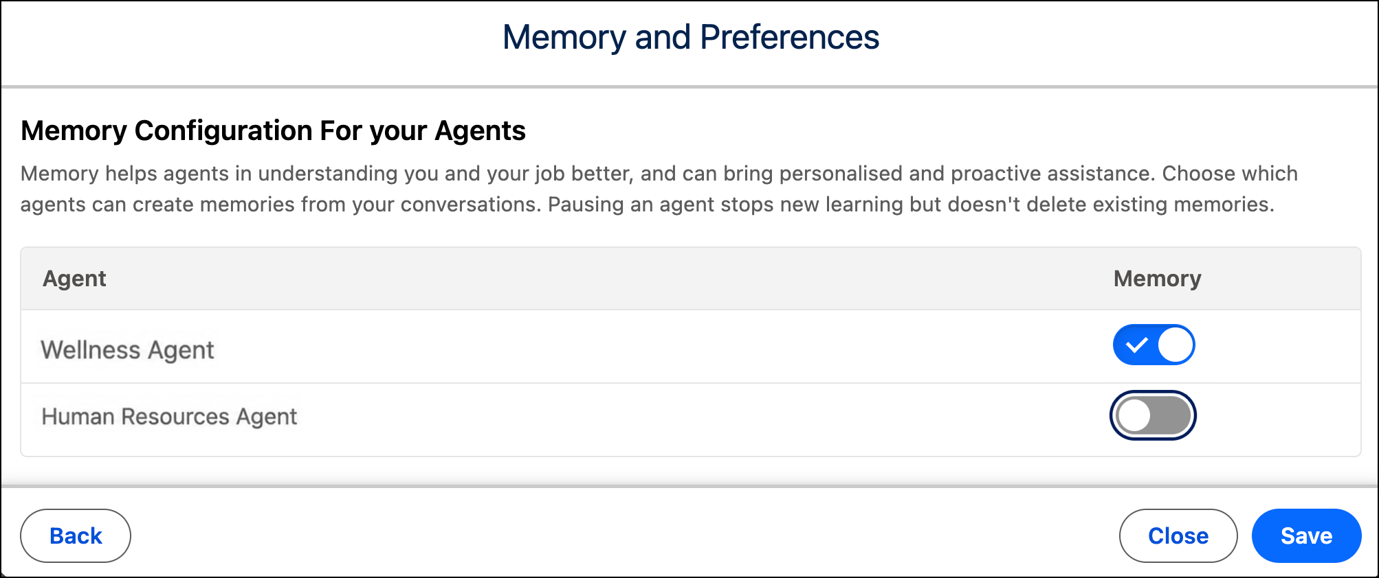 Memory Configuration For Your Agents list with a memory toggle switch for each agent.