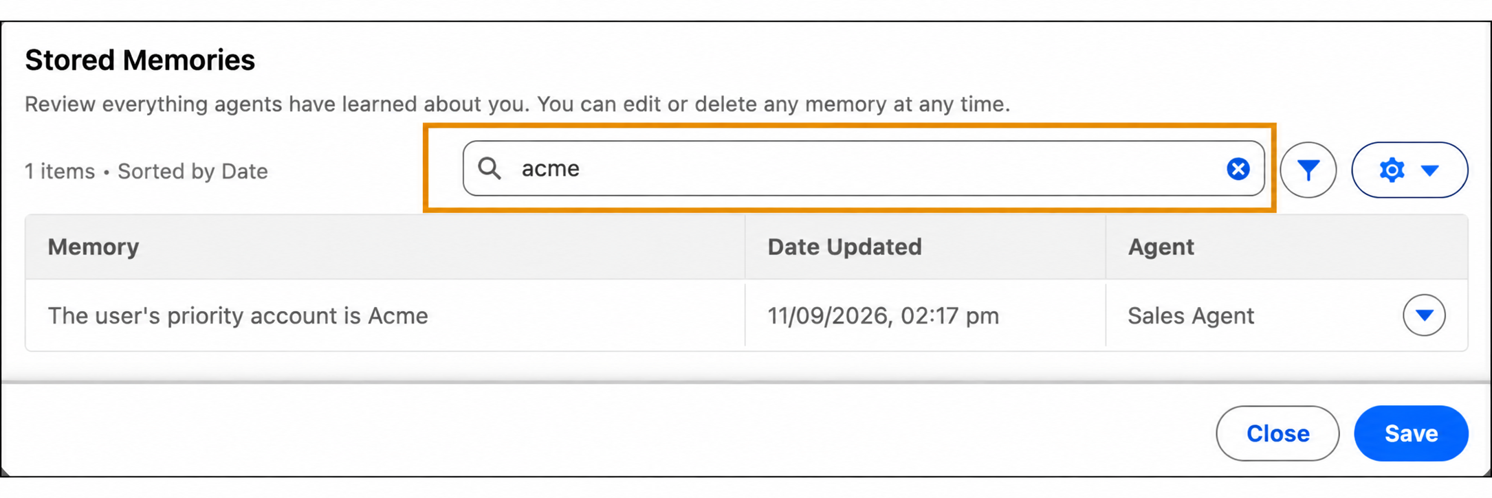 Stored Memories list filtered by a search keyword.