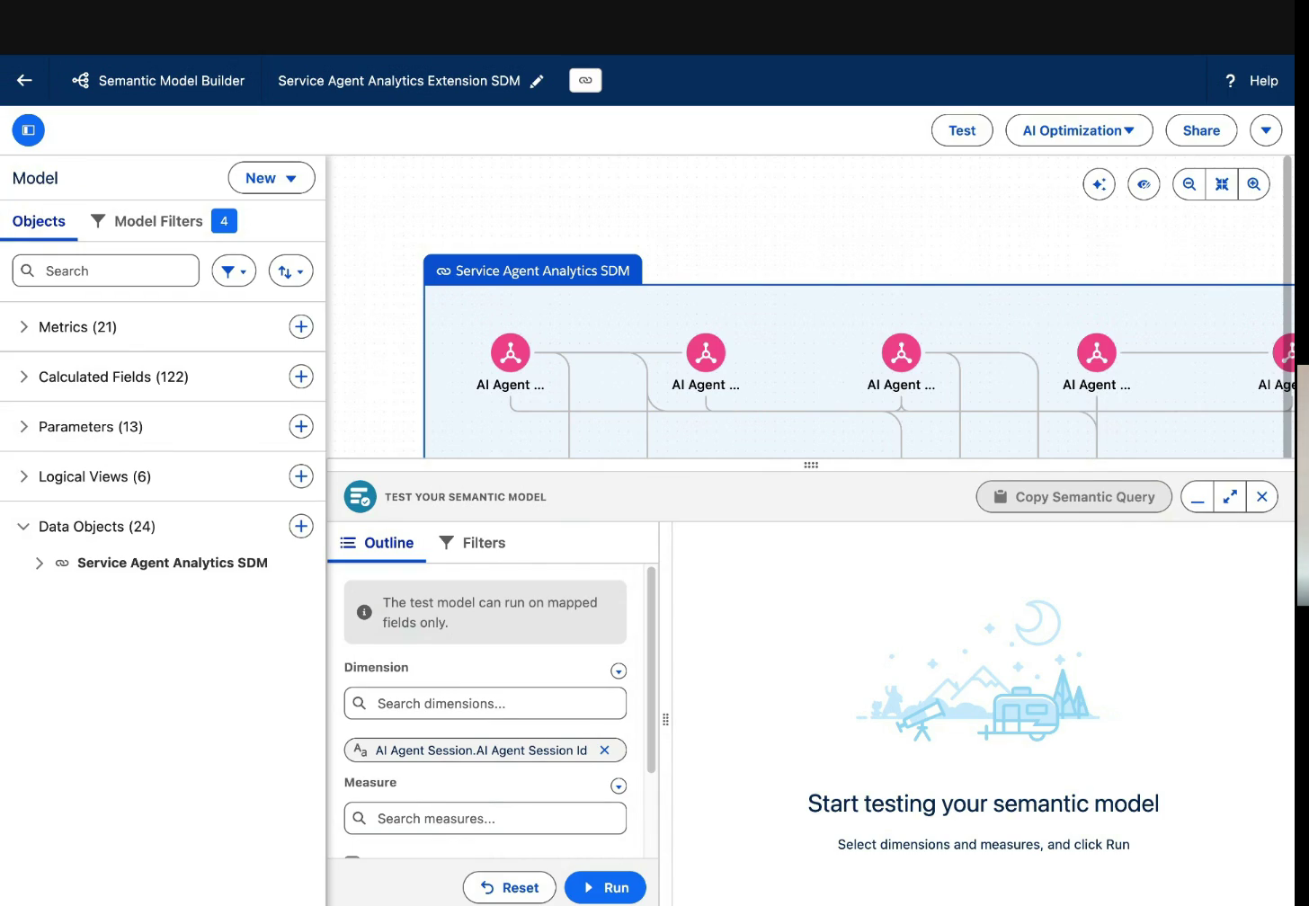 Semantic Model Builder test panel with a semantic query filtered for the Case Creation scorer tag.