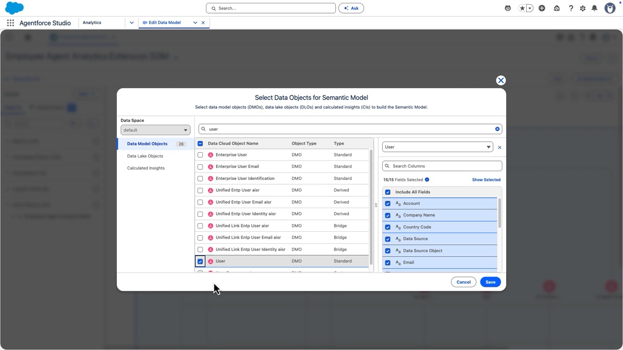 Select Data Objects for Semantic Model dialog with the User object and all of its fields selected.