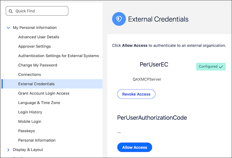 Select an external credential in the Configured state only.