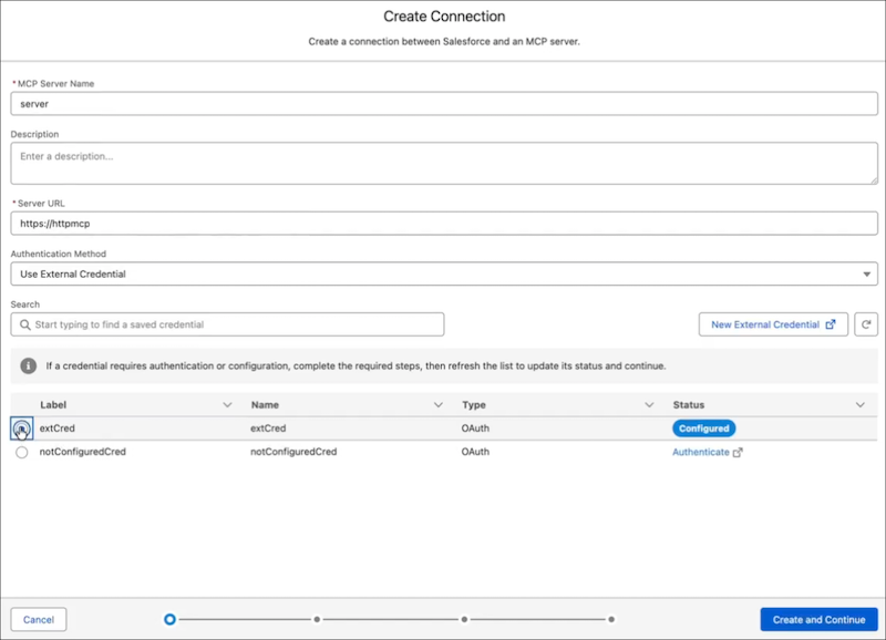 Select an external credential in the Configured state only.