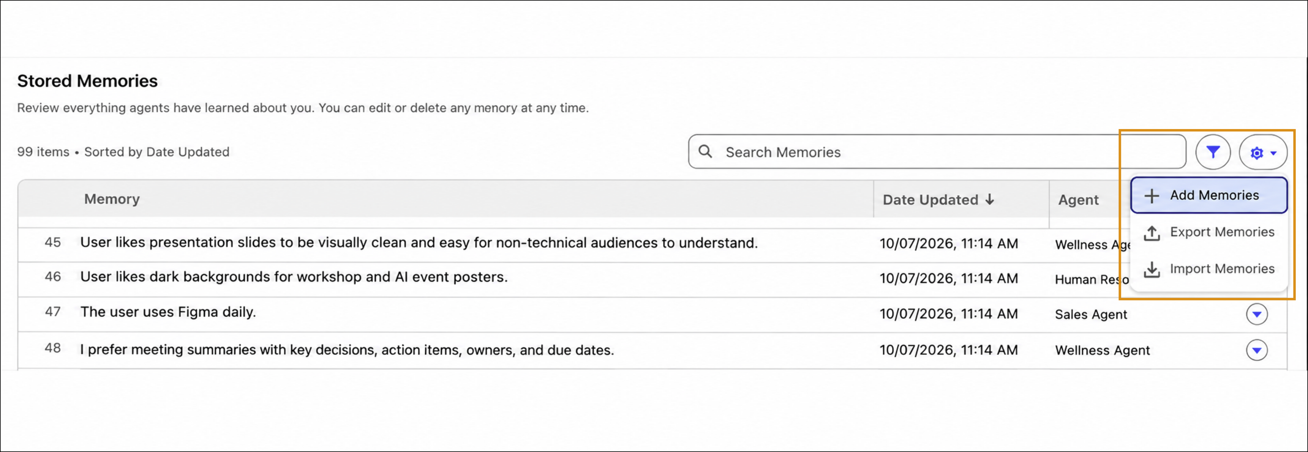 Stored Memories settings dropdown menu with Add Memories highlighted.