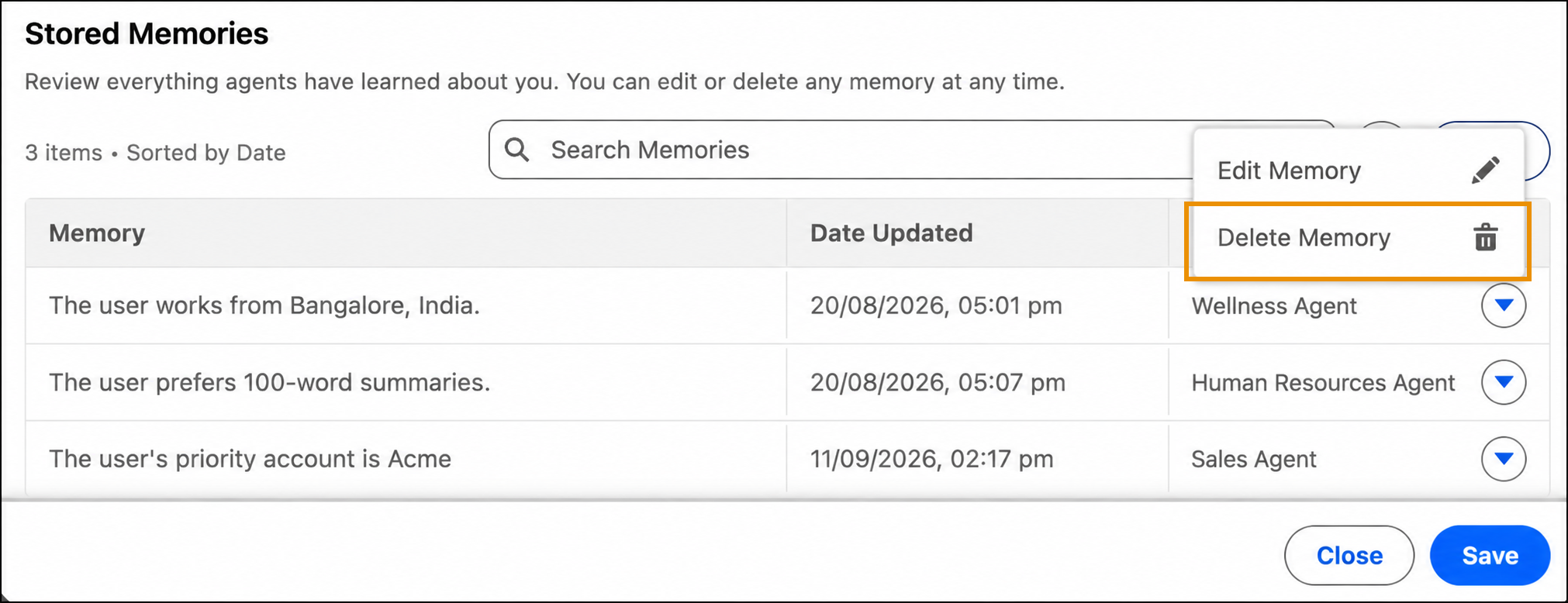 Stored Memories dropdown menu with Delete Memory highlighted.