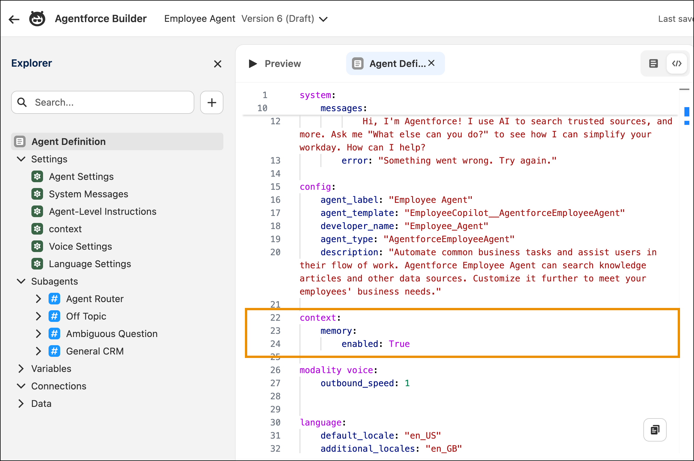Agent Script showing the memory property set to enabled True in the context block.