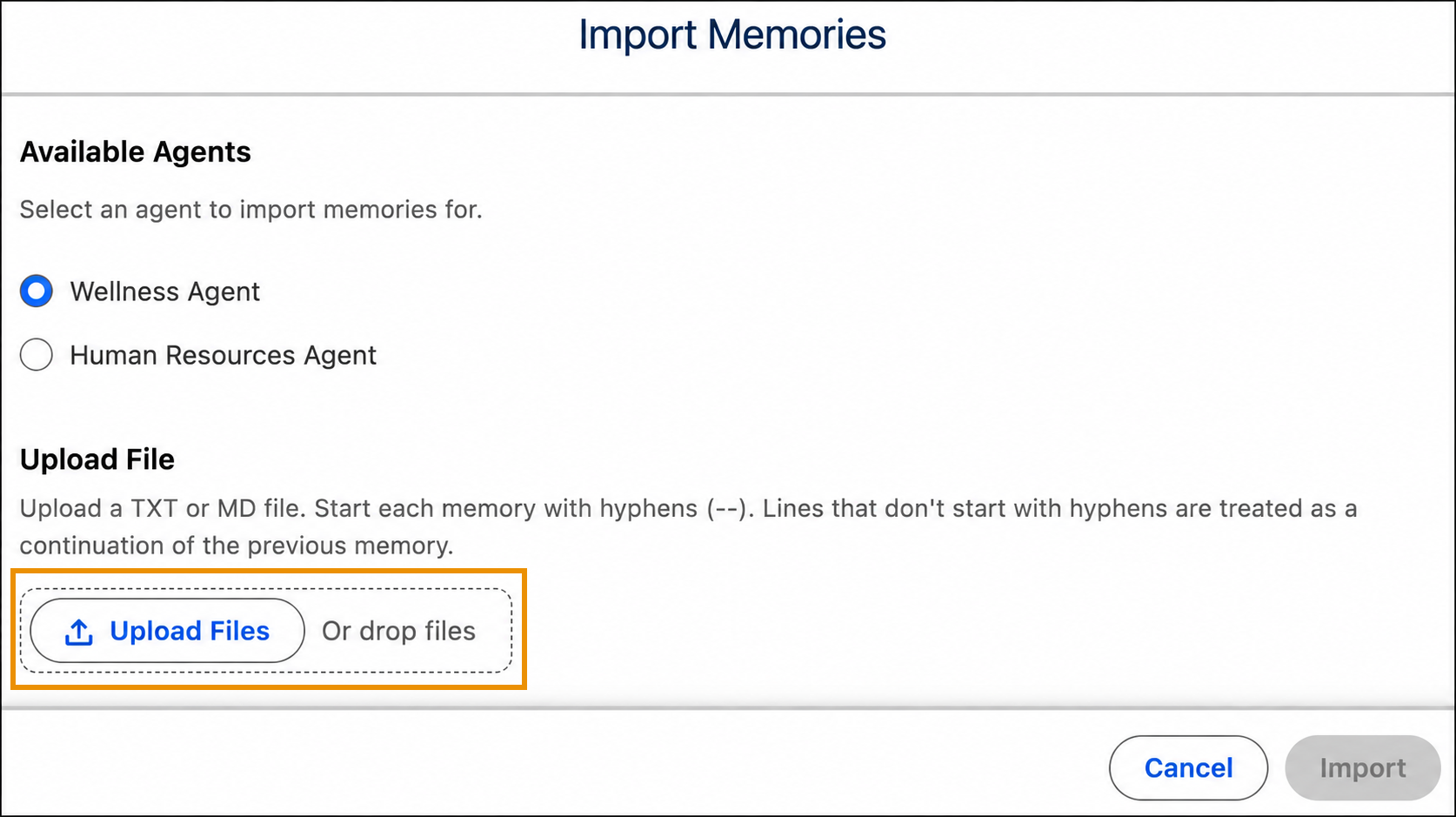 Import Memories dialog with the Upload Files area highlighted.