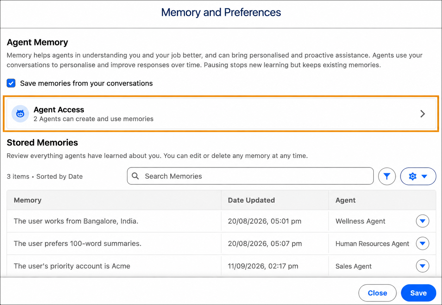 Memory and Preferences panel with Agent Access highlighted.