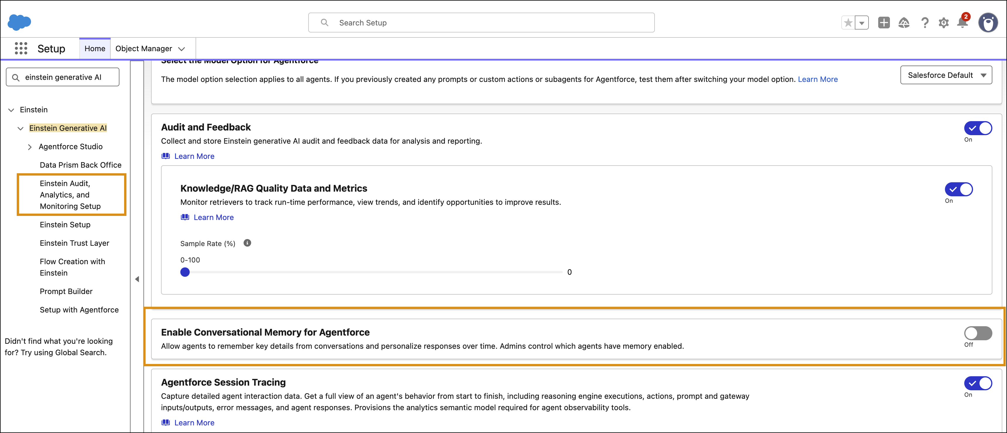 Einstein Audit, Analytics, and Monitoring Setup page with the Enable Conversational Memory for Agentforce toggle turned off.