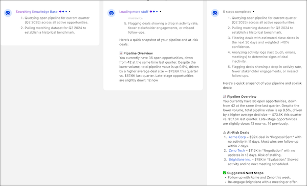 Streaming shows progress and live agent reasoning updates.