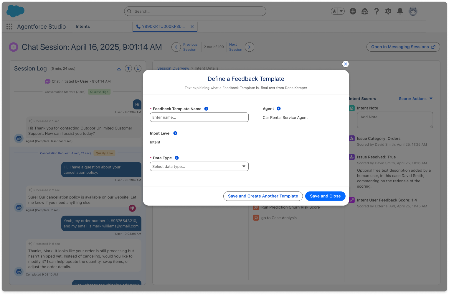 The Define a Feedback Template window includes the feedback template name, agent, intent input level, data type, and save controls.