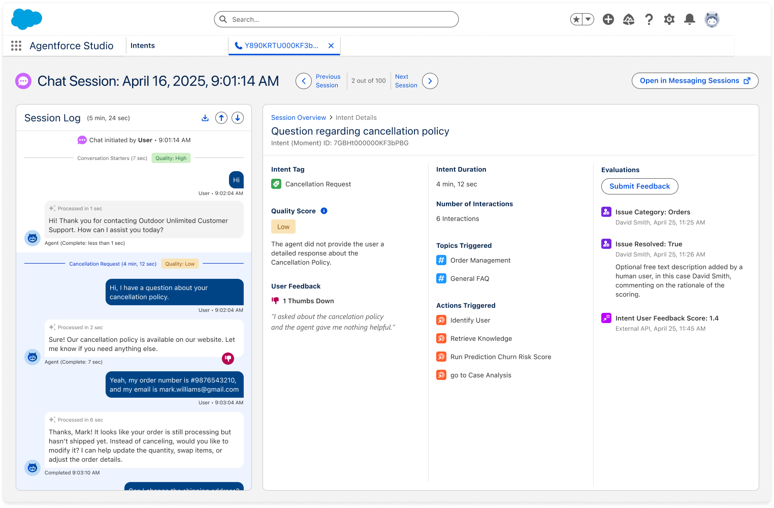 Intent details for a cancellation request show the intent's quality, user feedback, triggered topics and actions, existing evaluations, and a Submit Feedback button.