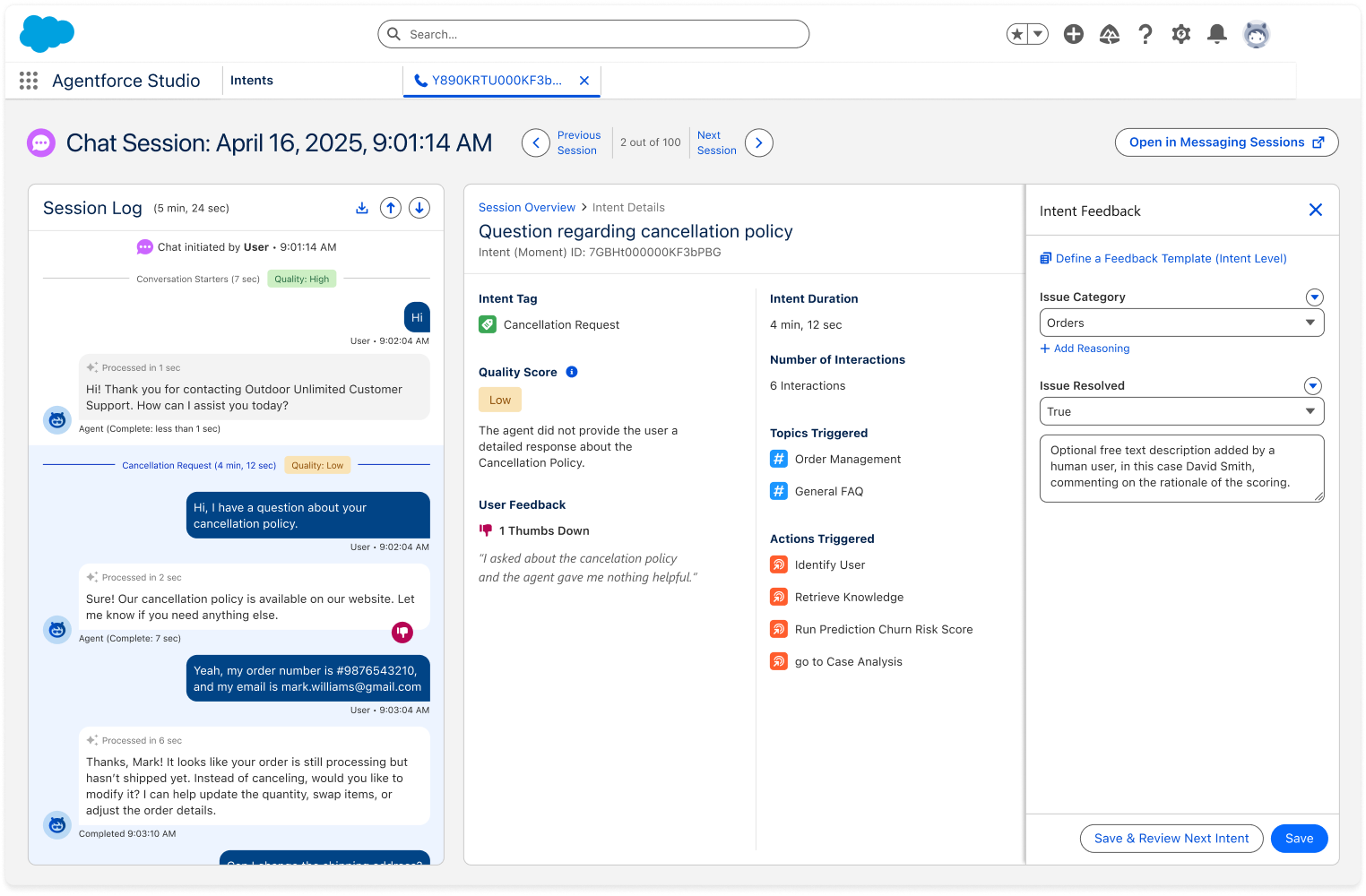 The Intent Feedback panel includes feedback fields, an option to add reasoning, a link to define an intent-level feedback template, and controls to save the feedback.