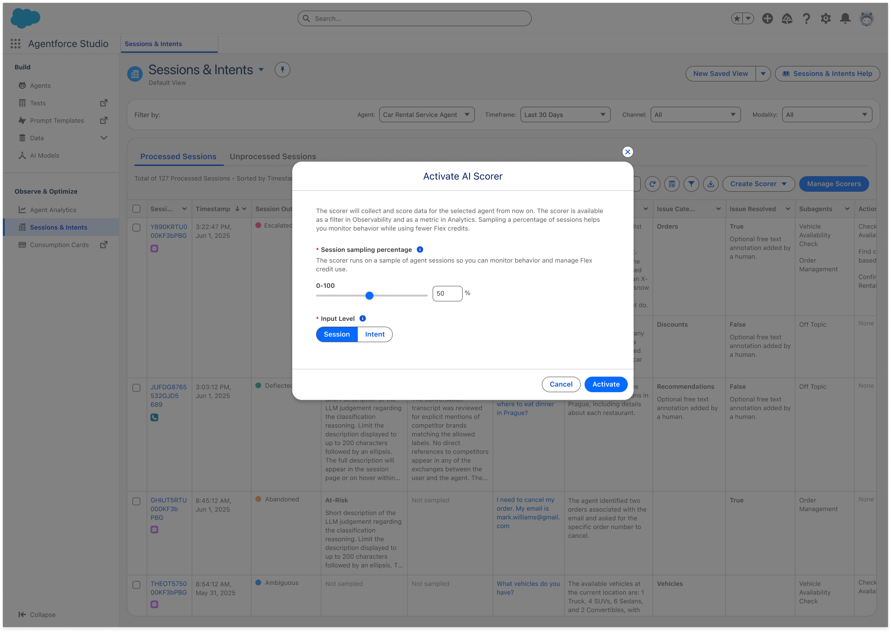 The Activate AI Scorer window includes controls for the session sampling percentage and the Session or Intent input level.