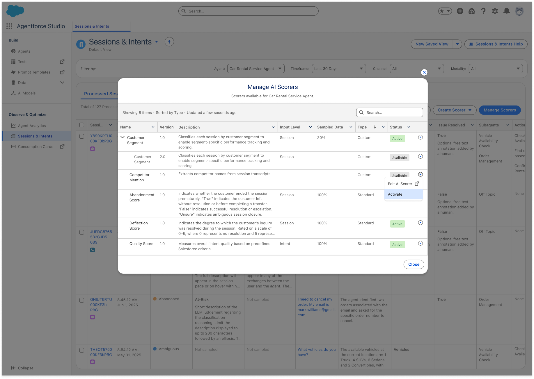 The Manage AI Scorers window lists standard and custom scorer versions, descriptions, input levels, sampling rates, types, statuses, and row-level actions.