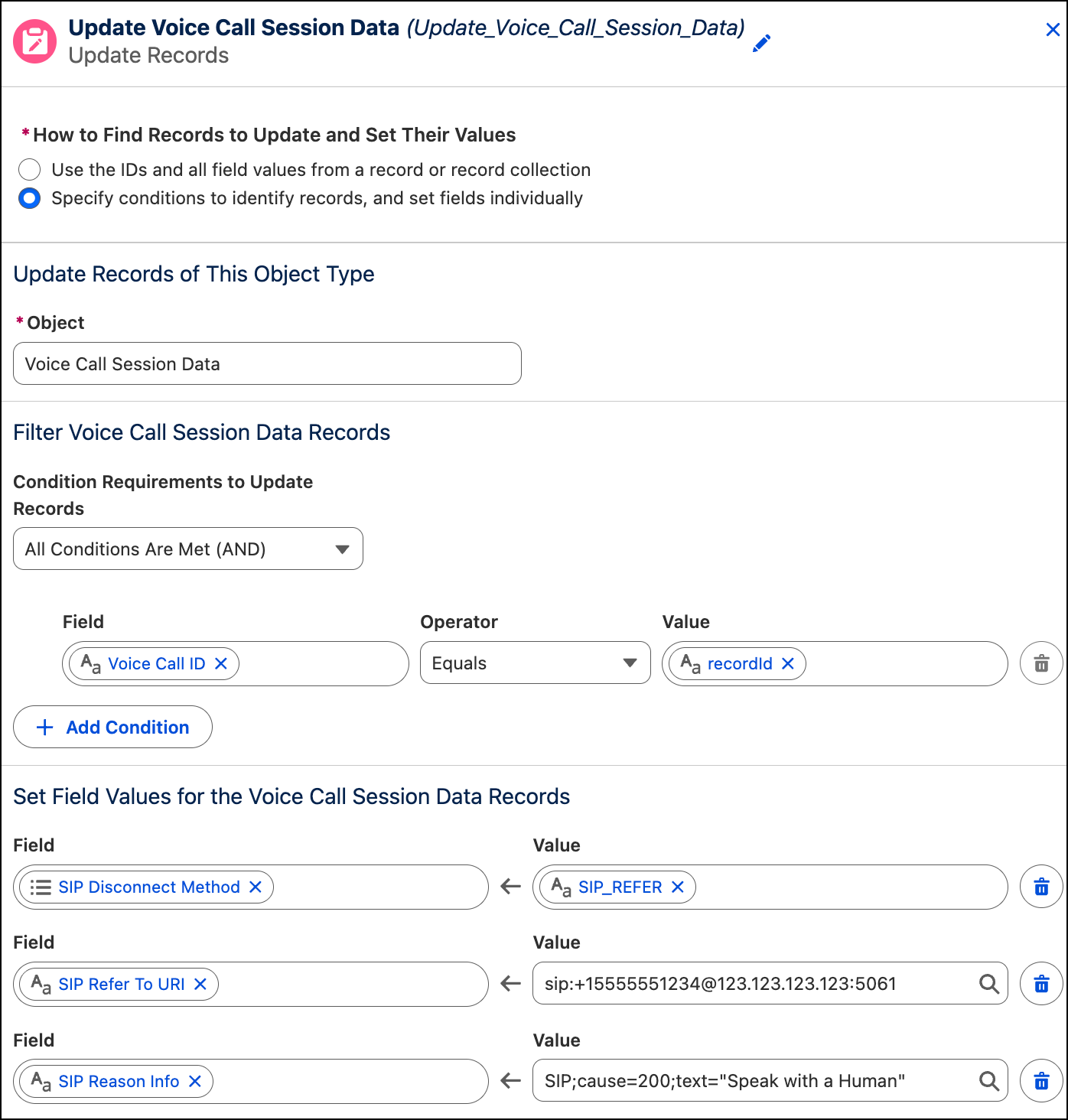 Update Records element in Flow Builder showing Voice Call Session Data fields, including SIP Disconnect Method set to SIP_REFER, SIP Refer to URI, SIP Referred By Info, and a custom X-Account-ID field.