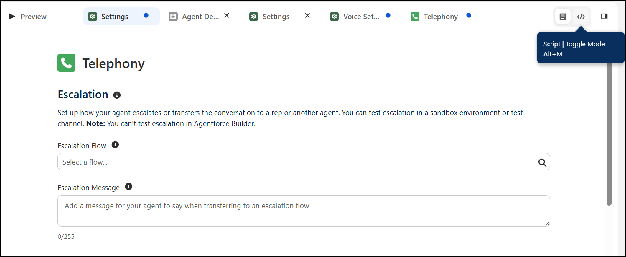 The Telephony connection in Agentforce Studio switched to script mode.