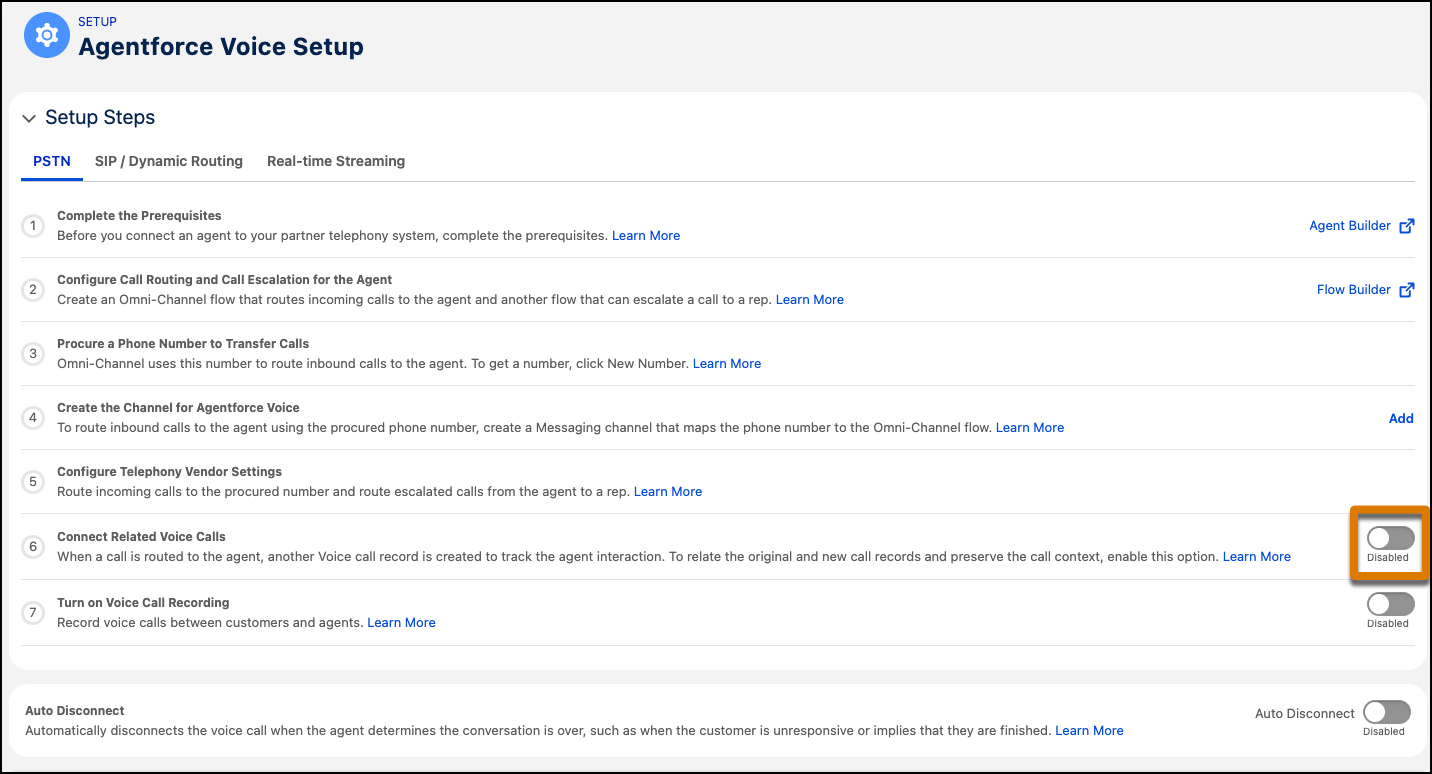 The setup page shows that the Connect Related Voice Calls option is enabled.