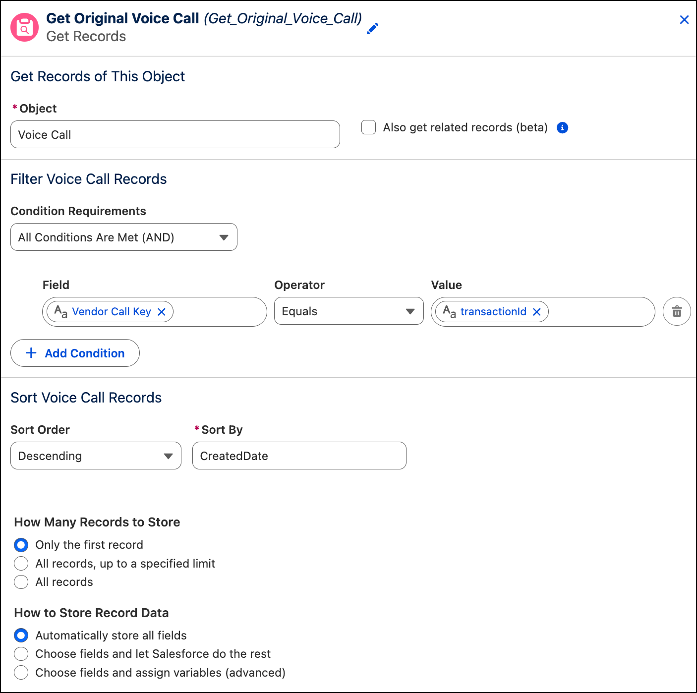 In the original voice call record, set the Original Voice Call custom field to VC1 ID.