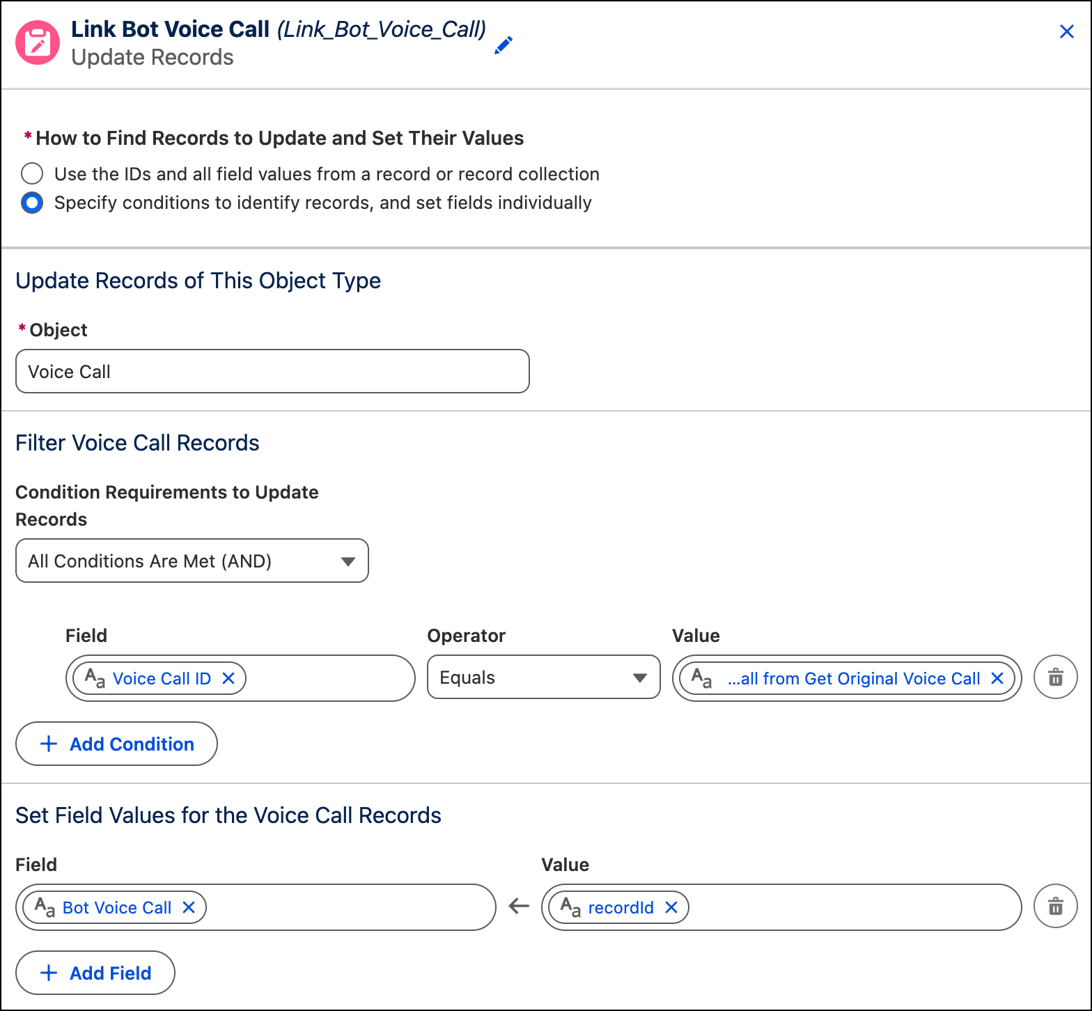 In the agent voice call record, set the Bot Voice Call custom field to VC1 ID.