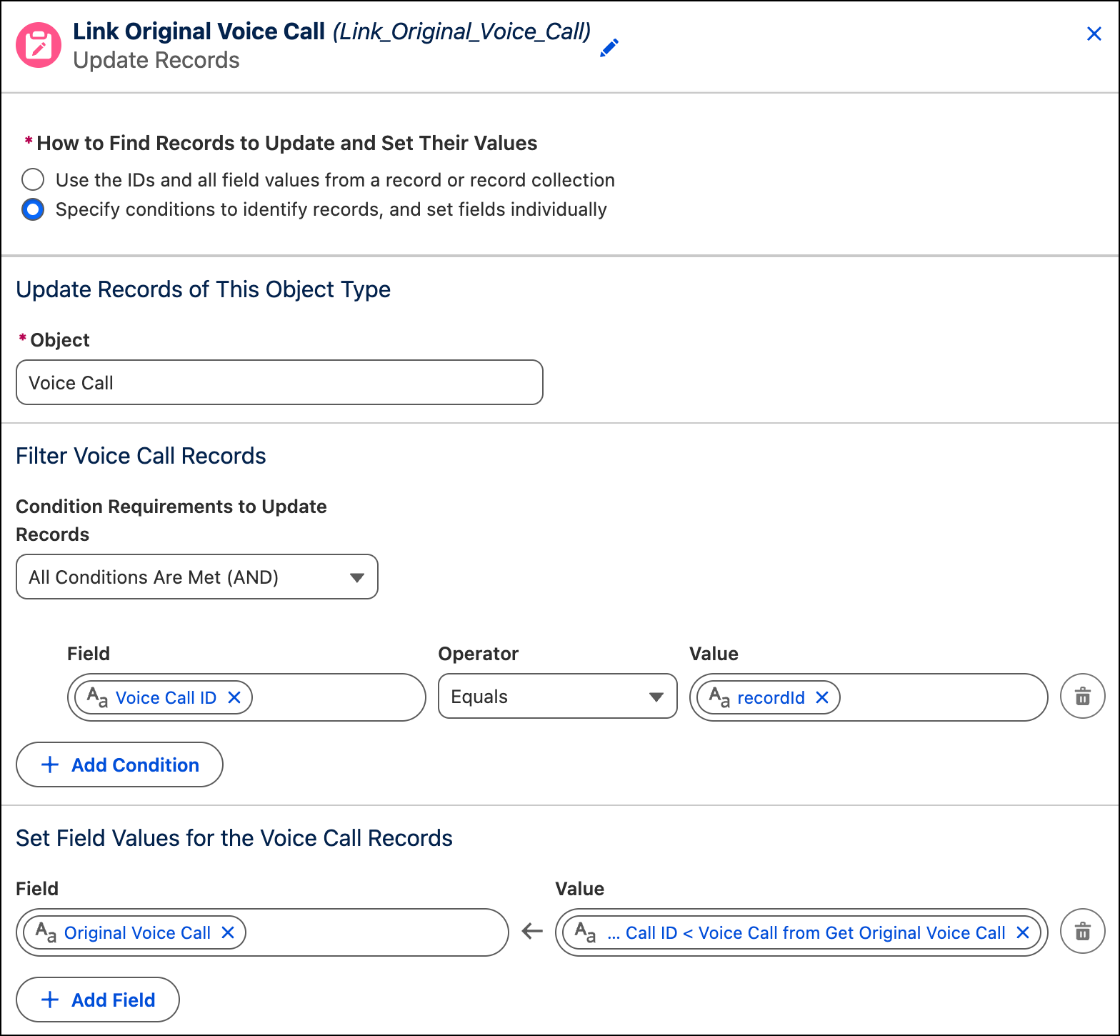 In the original voice call record, set the Original Voice Call custom field to VC1 ID.