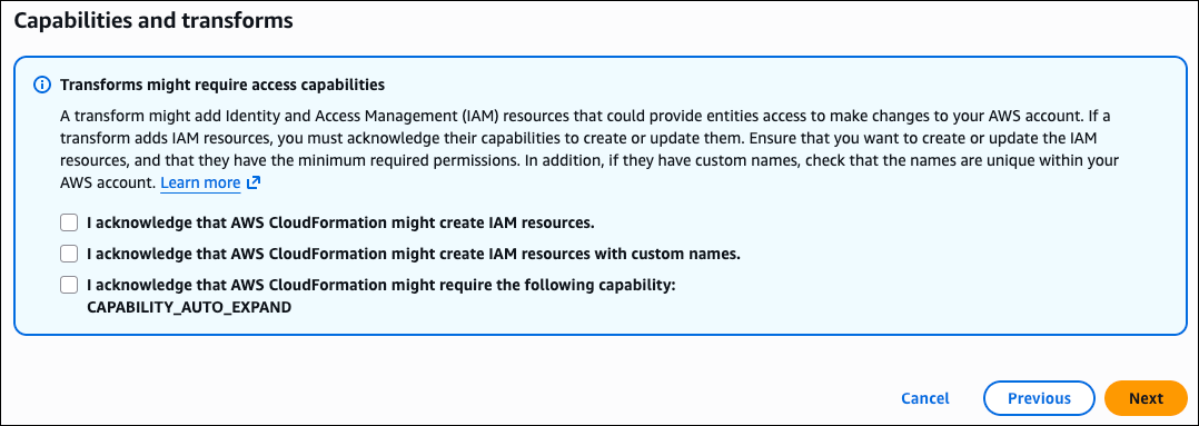 Capabilities selected for the CloudFormation stack