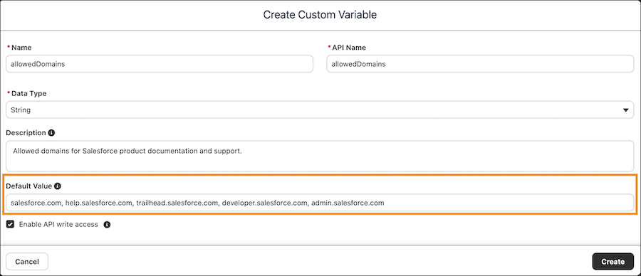 Create Custom Variable dialog showing the Allowed Domains variable with Default Value field for comma-separated domains