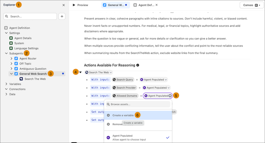 Agentforce Builder showing the General Web Search subagent with Search the Web action expanded and Allowed Domains input highlighted