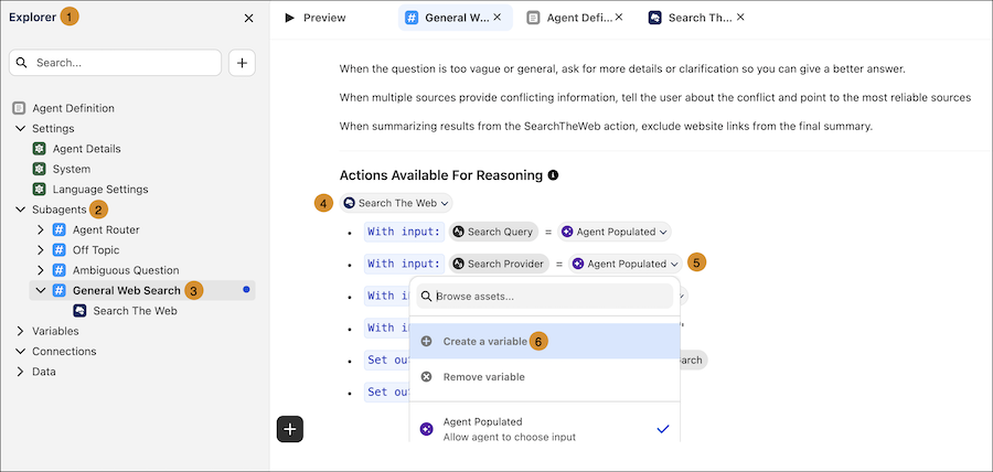 Agentforce Builder showing the General Web Search subagent with Search the Web action expanded and Search Provider input highlighted