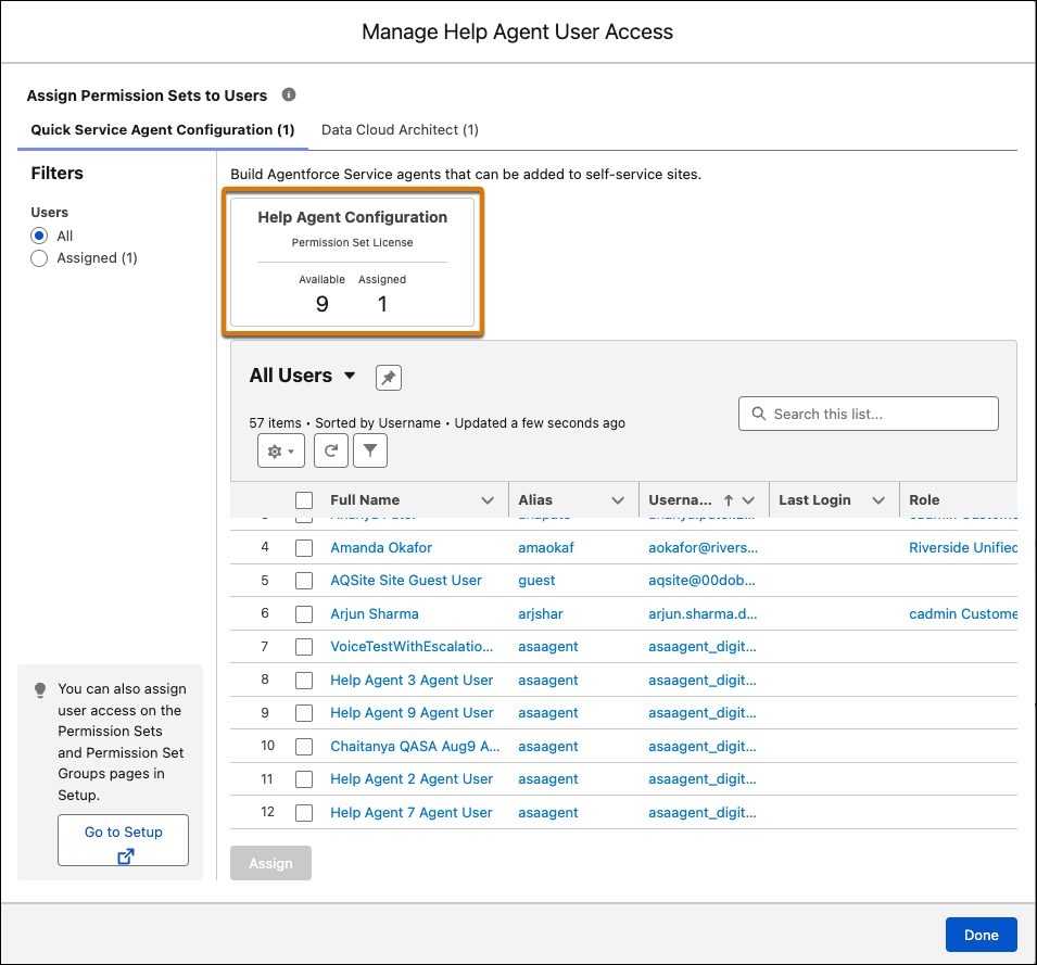 This page shows the number of assigned and available Help Agent Configuration permission set licenses.