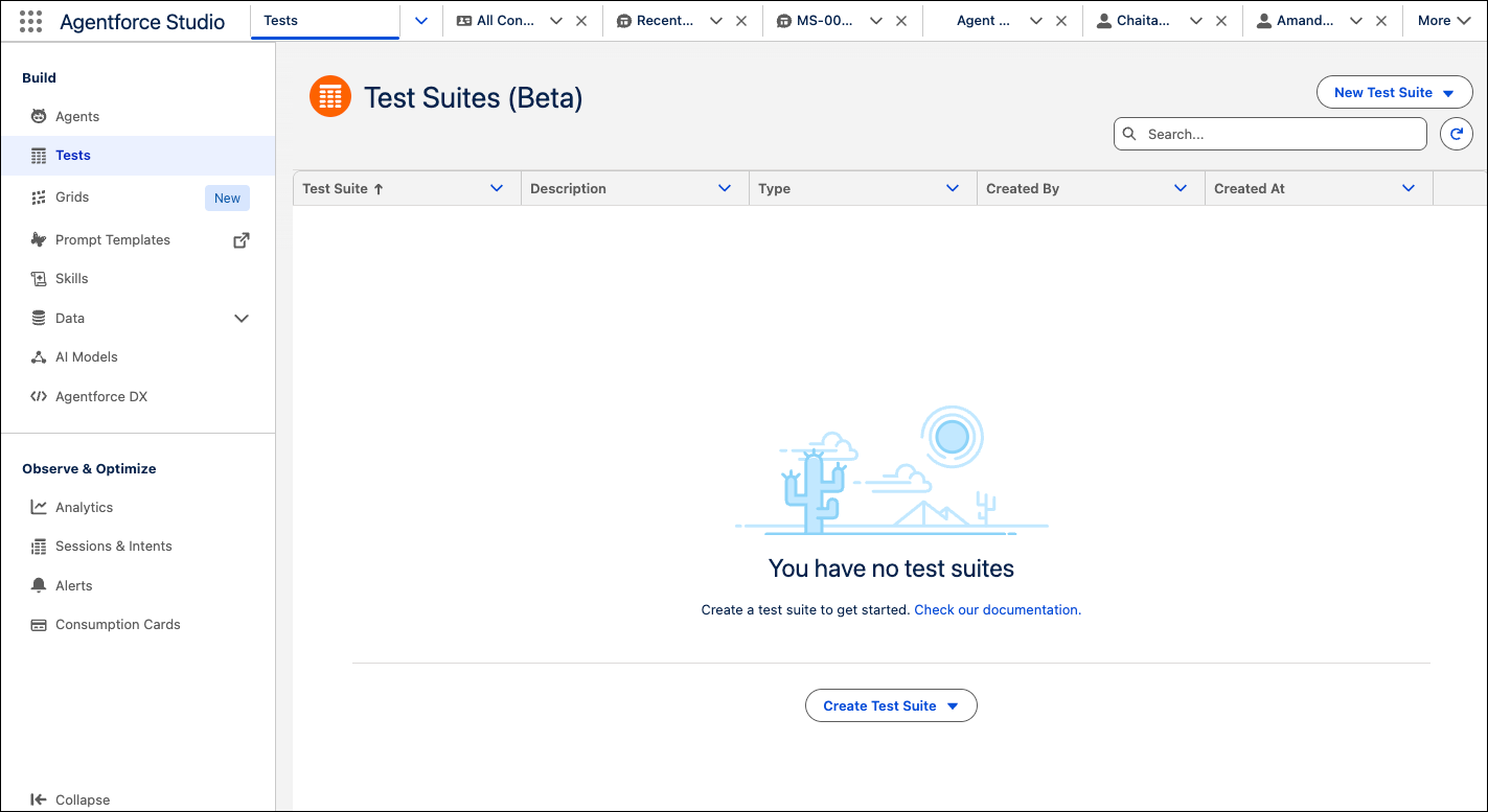 The Test Suites page shows existing test suites.