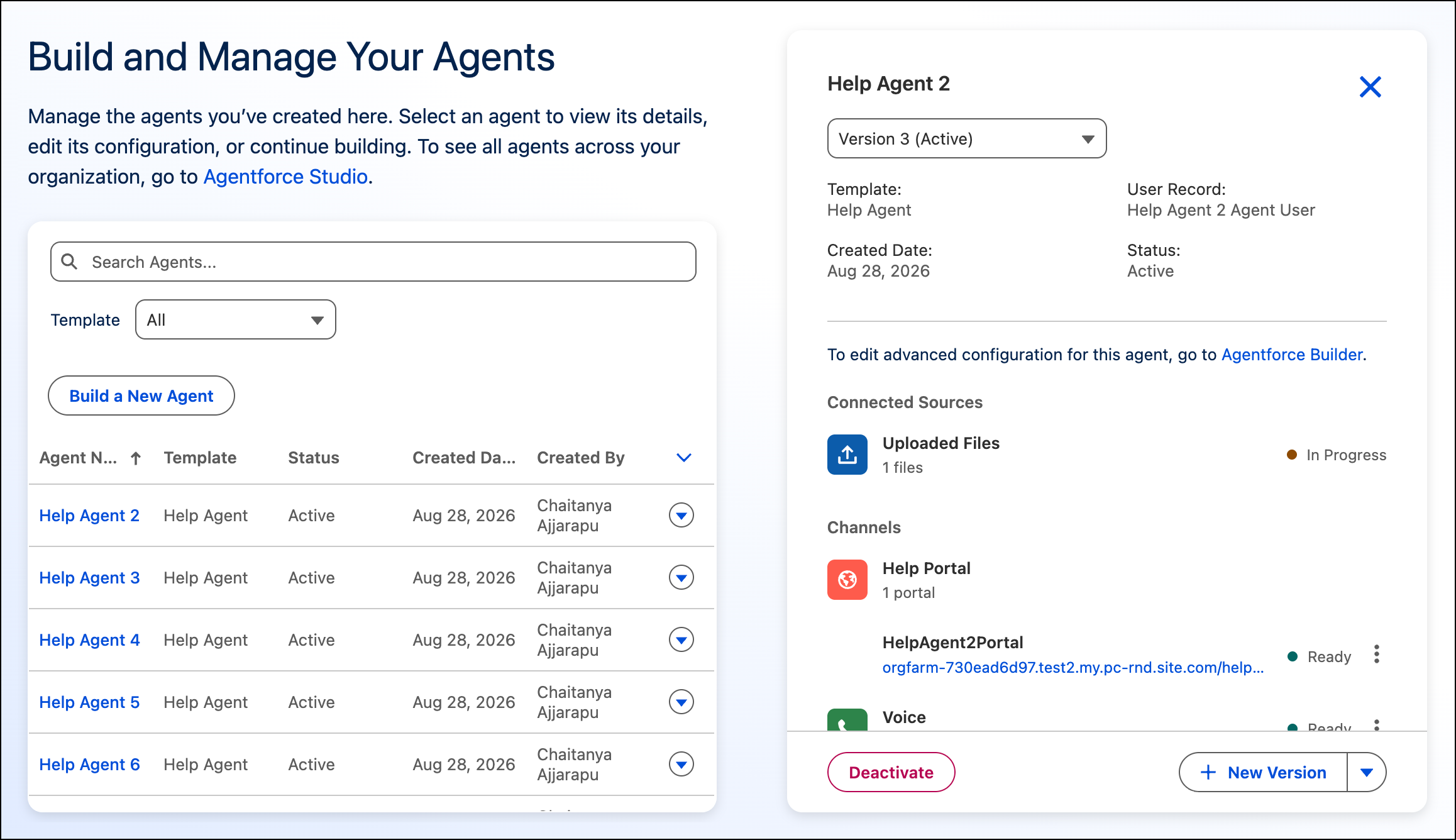 Build and Manage Your Agents page shows the clicked agent's details in the right pane.