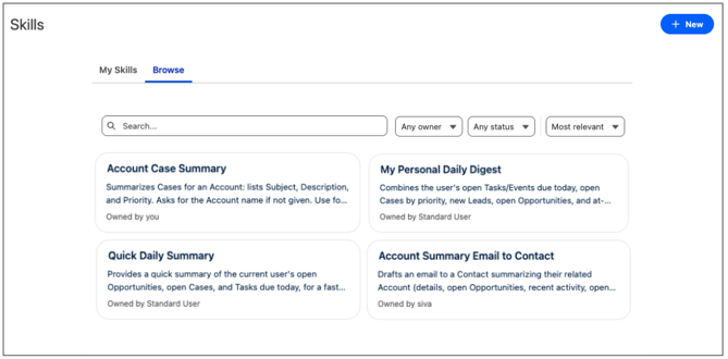 Skills page with + New. Browse is selected. Search, Any owner, Any status, and Most relevant appear above skill cards in two columns. Each card shows the skill name, description, and owner.
