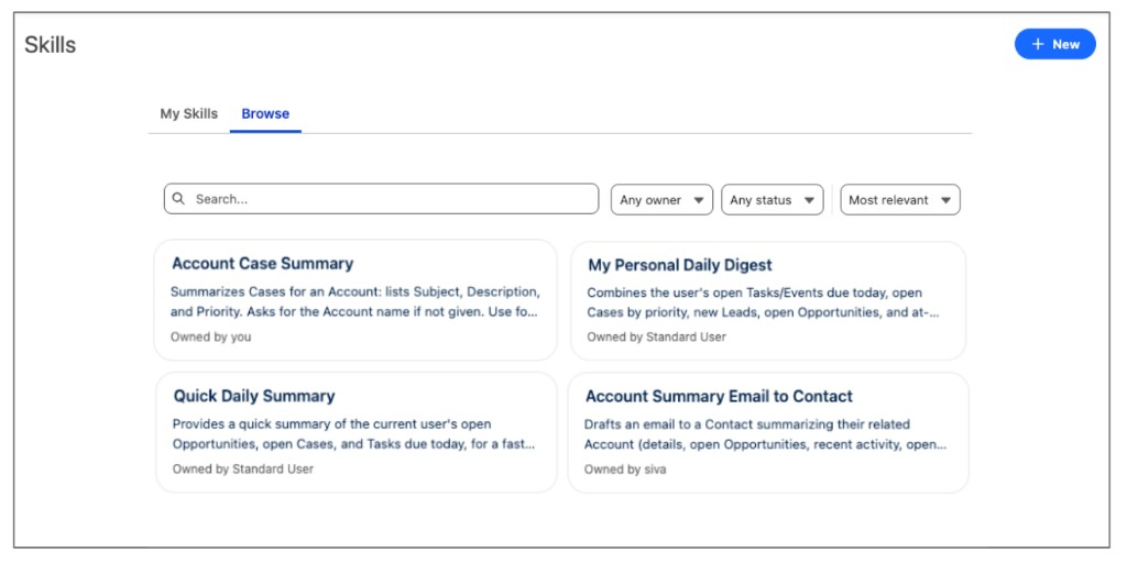 Skills page with Browse selected and skill cards in two columns. Each card shows the skill name, description, and owner.