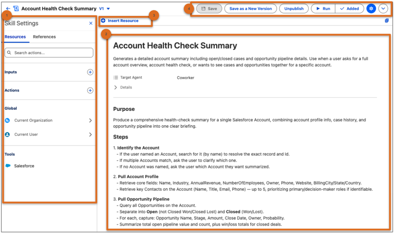 Skill Builder for Account Health Check Summary, version V1. (1) Skill Settings open on Resources, with Inputs, Actions, Global, and Tools. (2) Instructions canvas with description, Target Agent set to Coworker, Purpose, and Steps. (3) Insert Resource. (4) Save, Save as a New Version, Unpublish, Run, and Added.