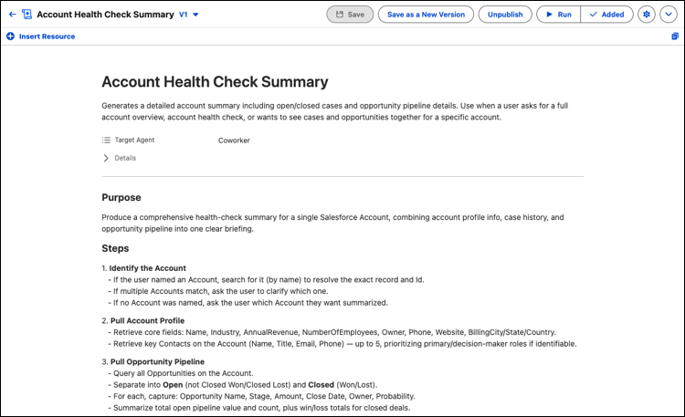 Canvas for Account Health Check Summary showing the description, Target Agent set to Coworker, Details, Purpose, and numbered Steps. The header shows Save, Save as a New Version, Unpublish, Run, and Added.