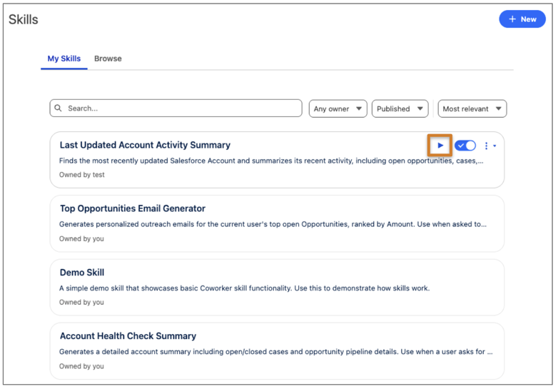 My Skills list. On Last Updated Account Activity Summary, the play icon is highlighted.