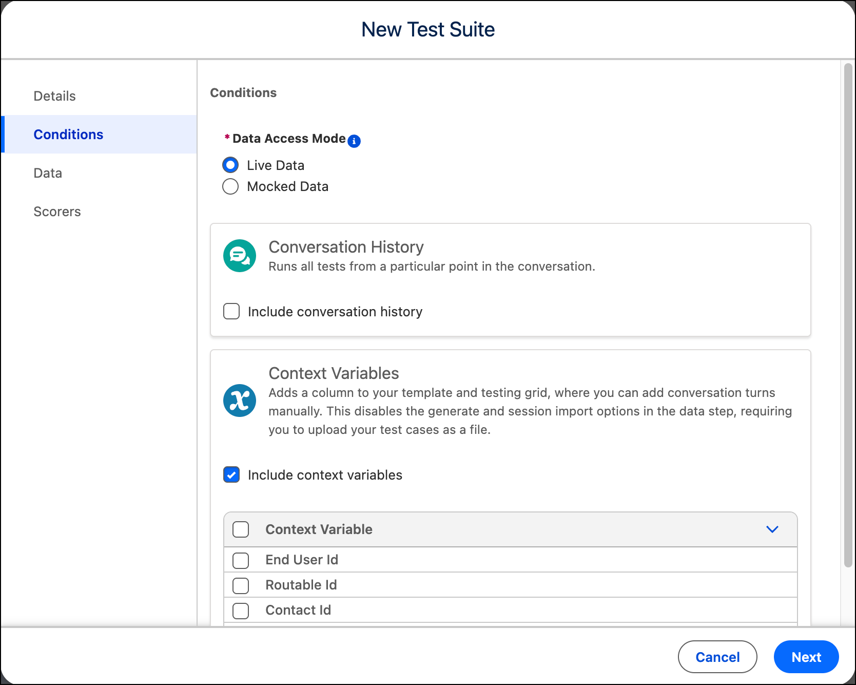 Test conditions with live data and context variables selected.