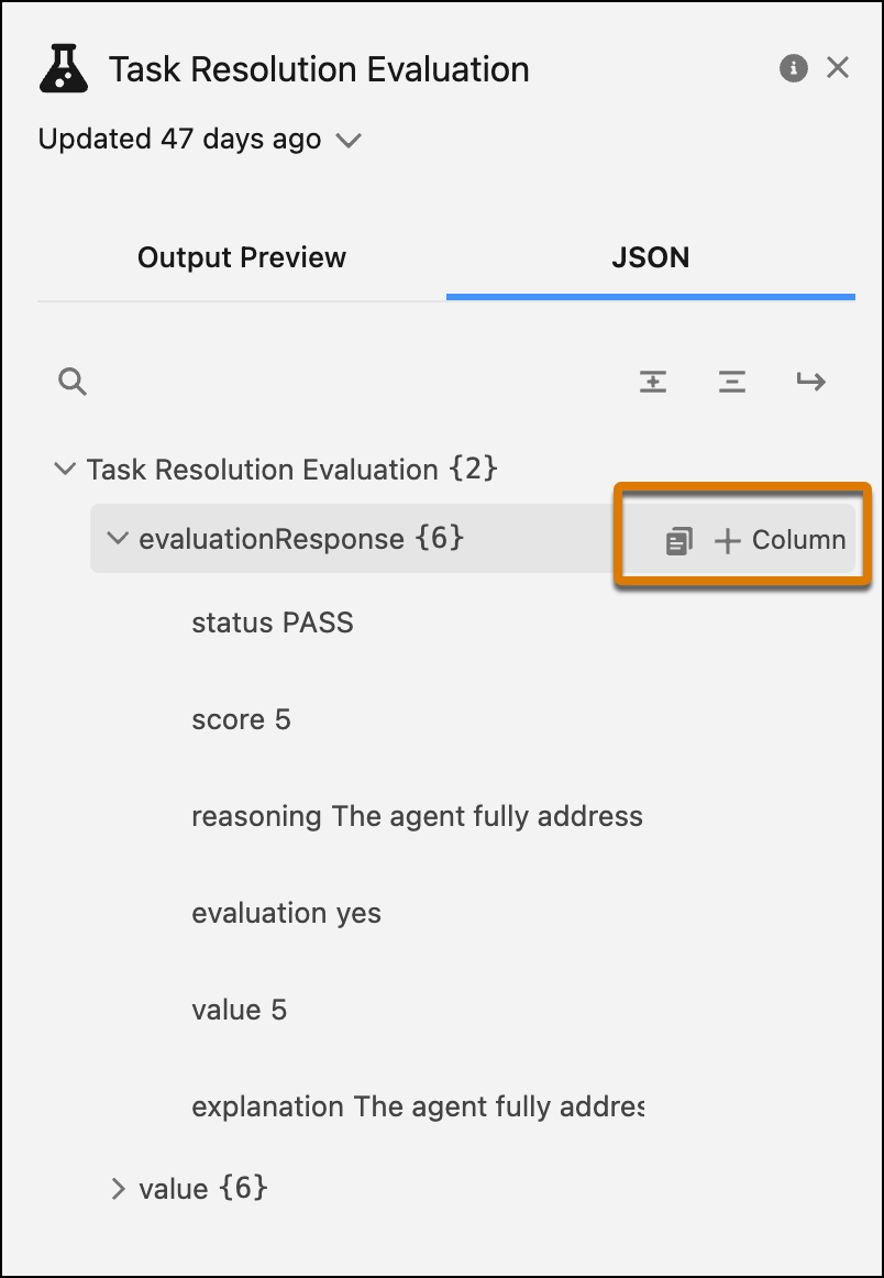 The JSON tab with the add column highlighted.