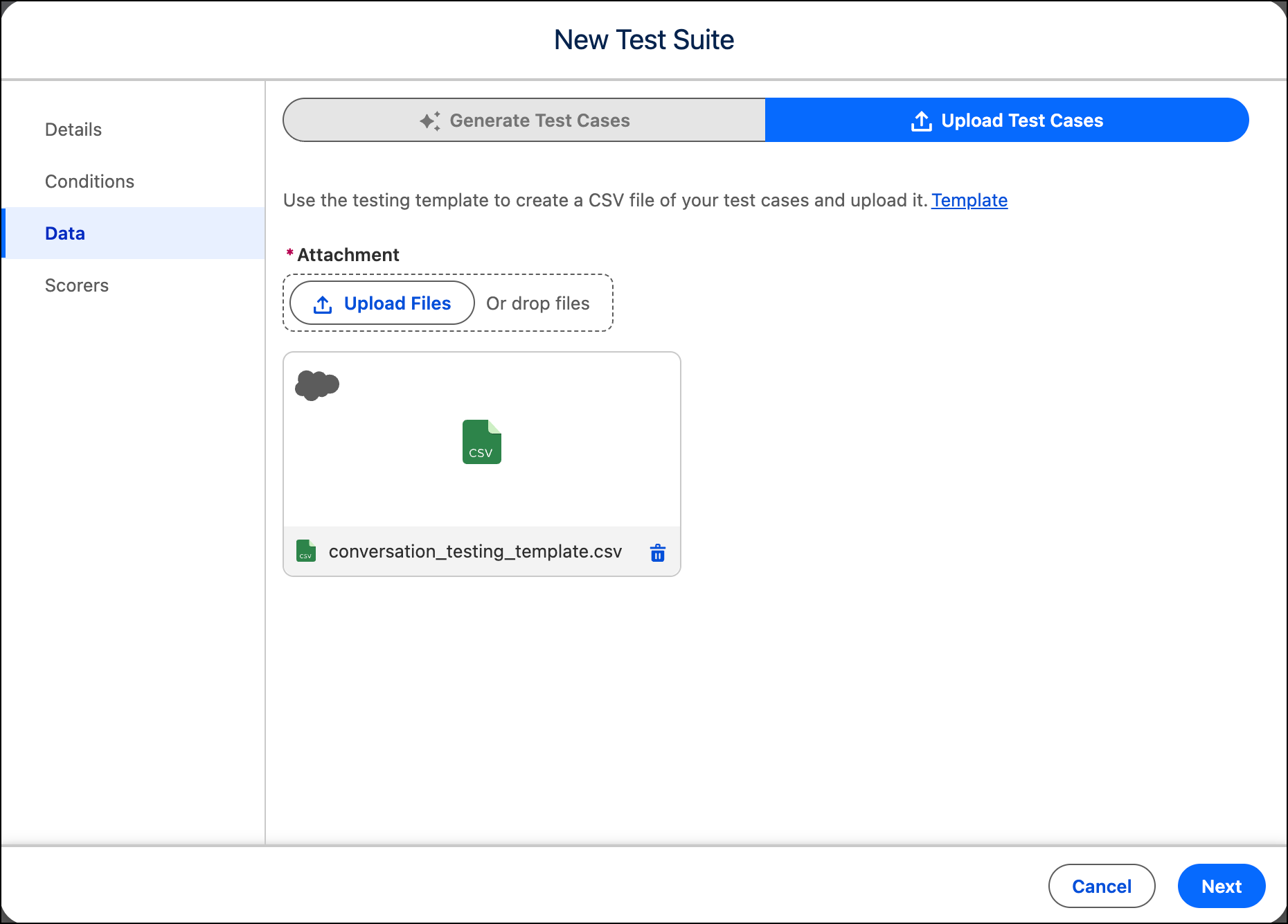 Scheda Dati con i casi di test di caricamento selezionati e un file CSV caricato.
