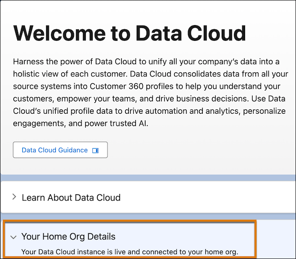 Data Cloud 인스턴스가 활성화된 경우 표시되는 화면 영역입니다.
