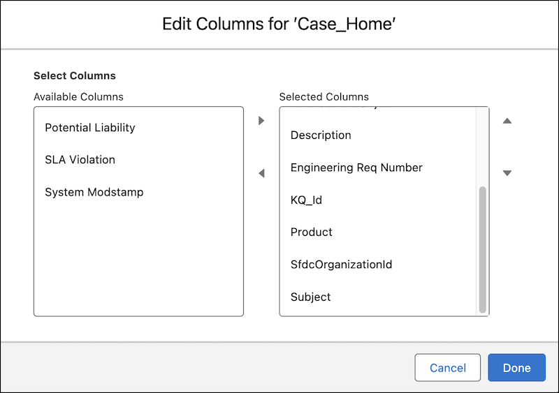 Case_Home 데이터 레이크 개체(DLO)에 대한 열을 선택합니다.