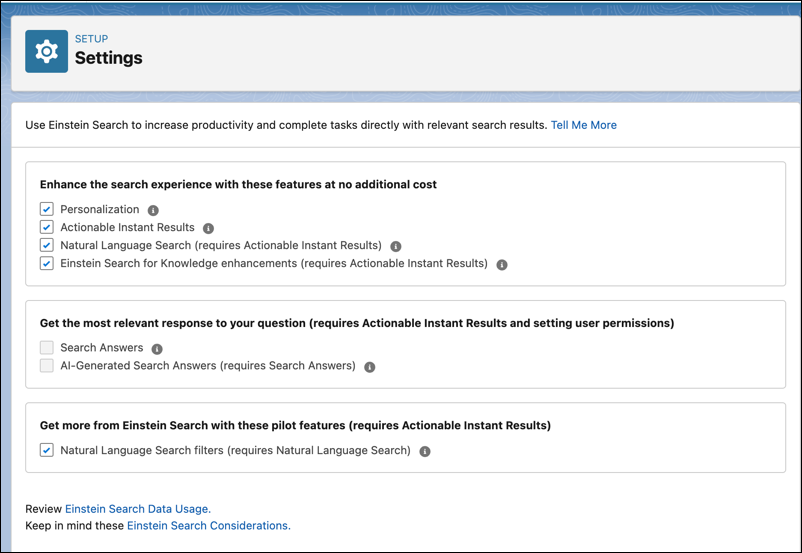 Einstein Search Settings page