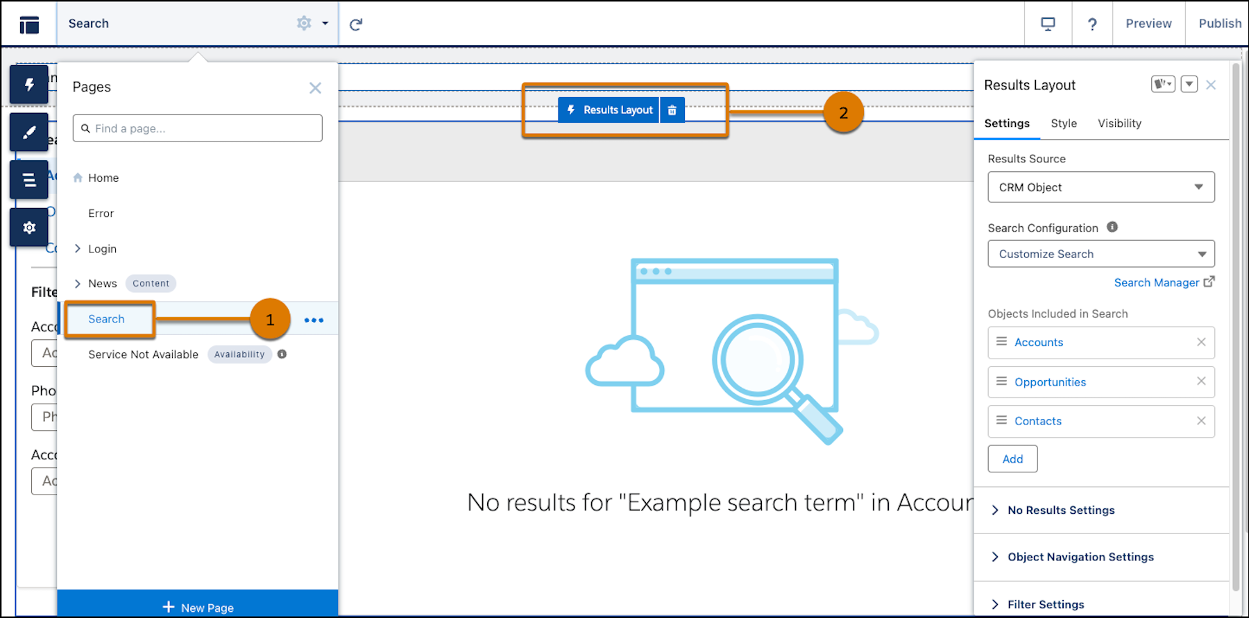 Página de búsqueda en Experience Builder con el componente Formato de resultados abierto