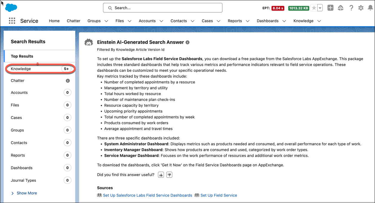 Service Cloud Salesforce 組織,其中包含 Einstein AI 產生的搜尋回答服務代理的問題。首要結果是從儲存在 Knowledge DMO 中的 Knowledge 文章產生。