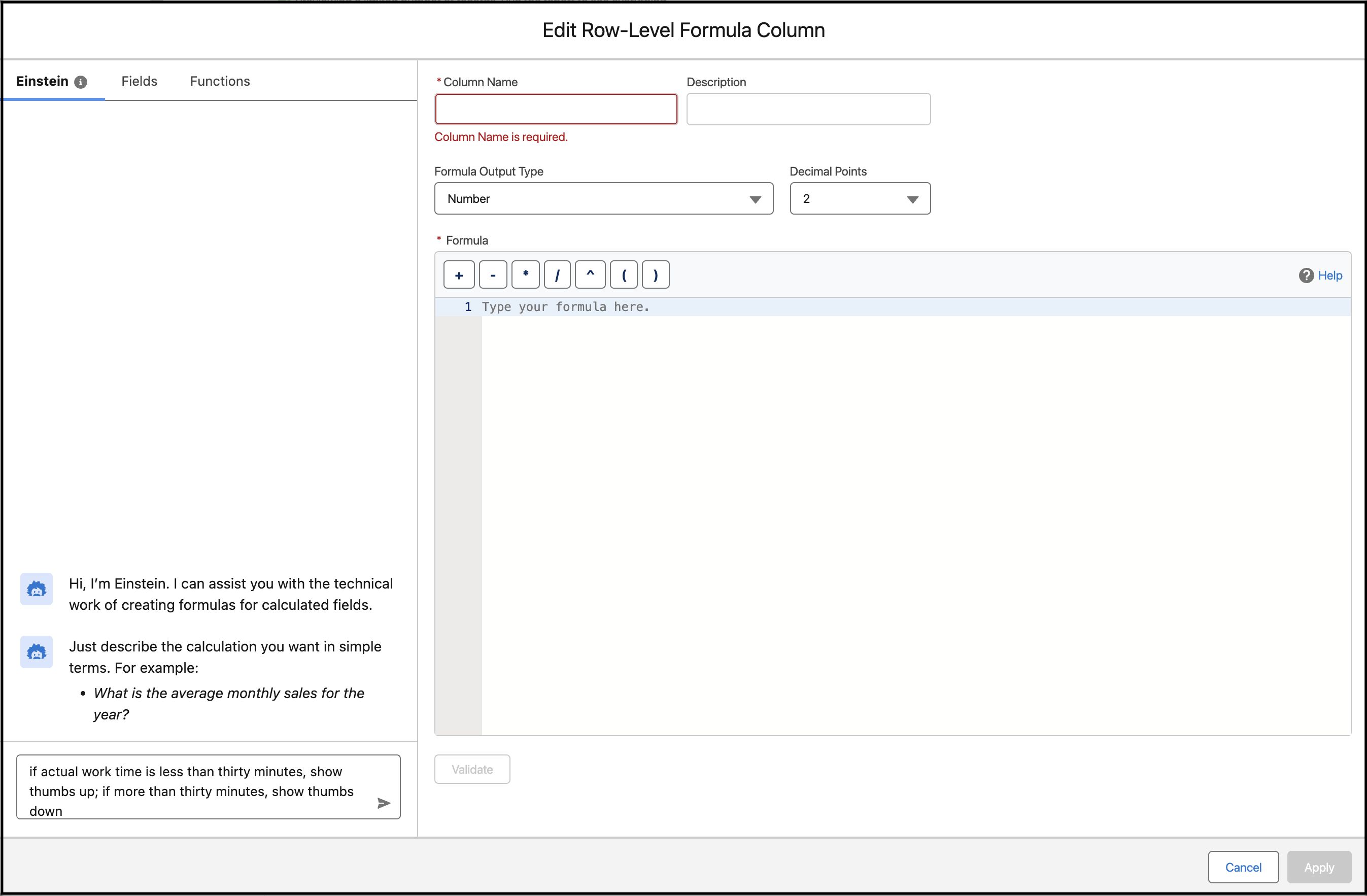 Formula builder with Einstein panel and request for a formula