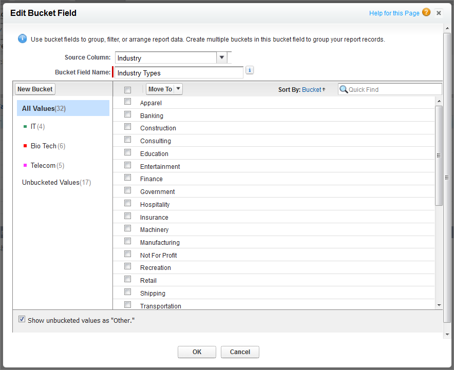 Edit Bucket Field dialog with the three buckets configured